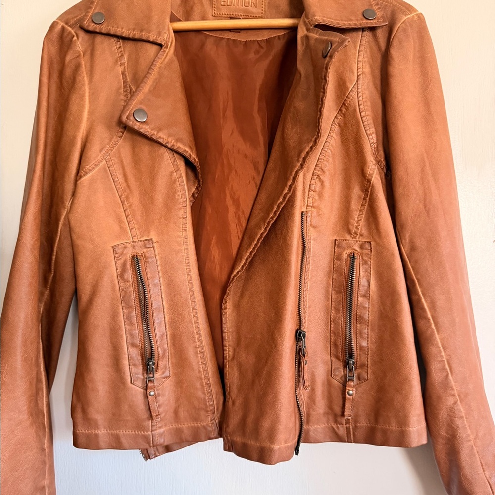 Max Edition Cognac Faux Leather Moto Jacket